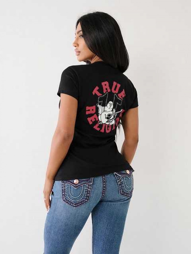 Camiseta True Religion Crystal Buddha V Mujer Negras | Colombia-LDKMCUG47