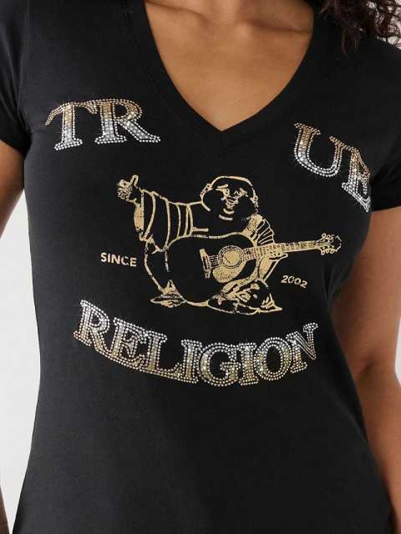 Camiseta True Religion Crystal Buddha V Mujer Negras | Colombia-OTKBVCQ74