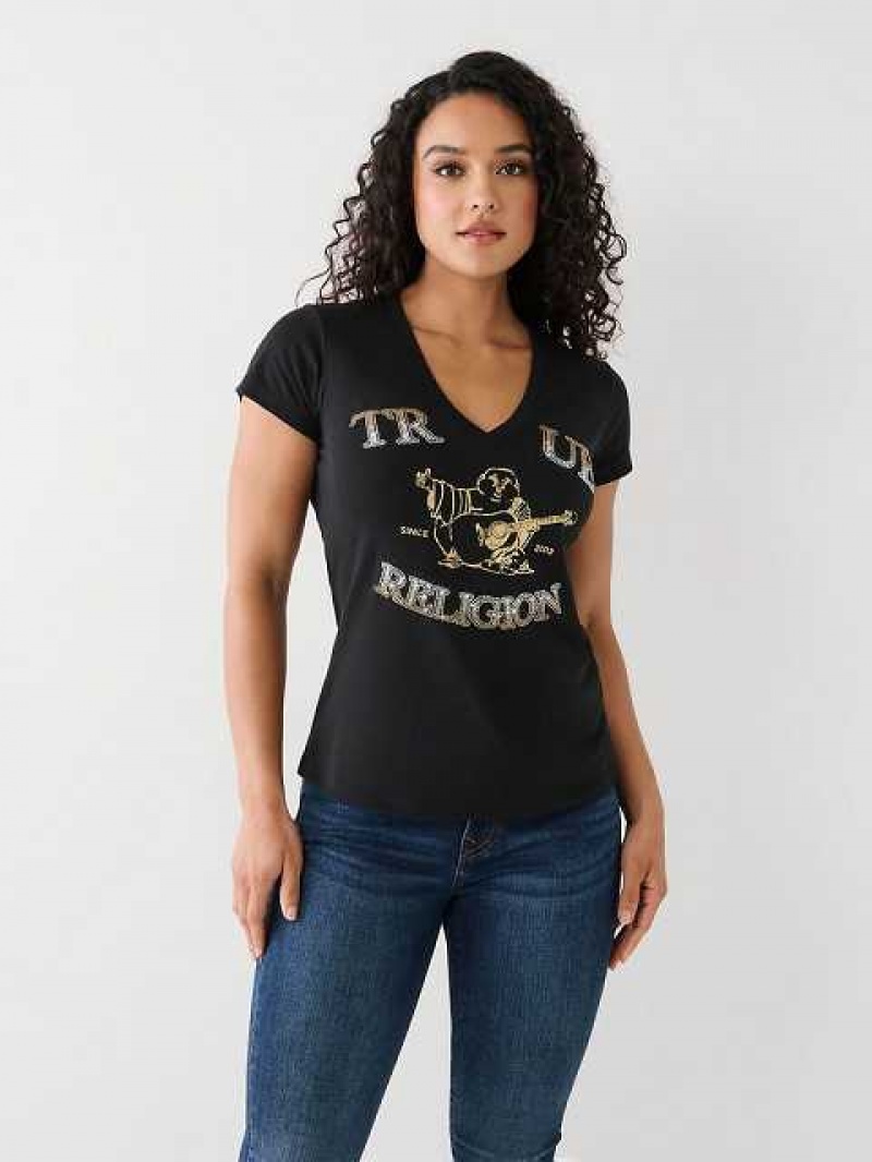 Camiseta True Religion Crystal Buddha V Mujer Negras | Colombia-OTKBVCQ74