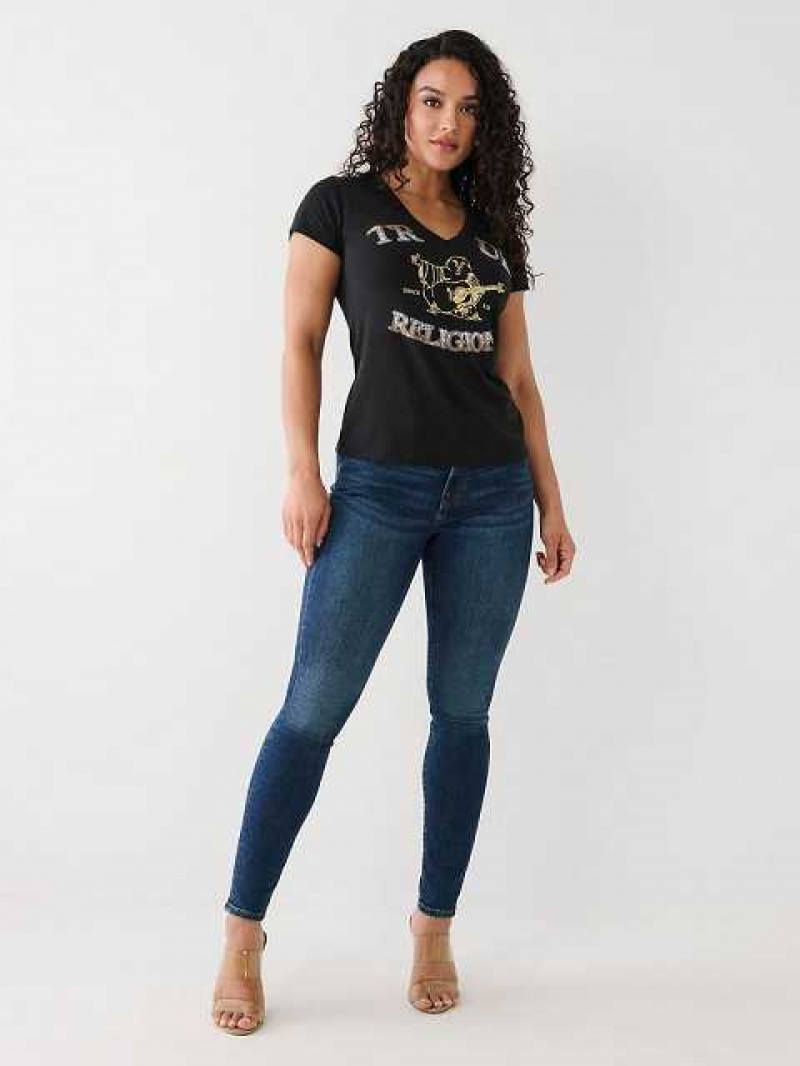 Camiseta True Religion Crystal Buddha V Mujer Negras | Colombia-OTKBVCQ74