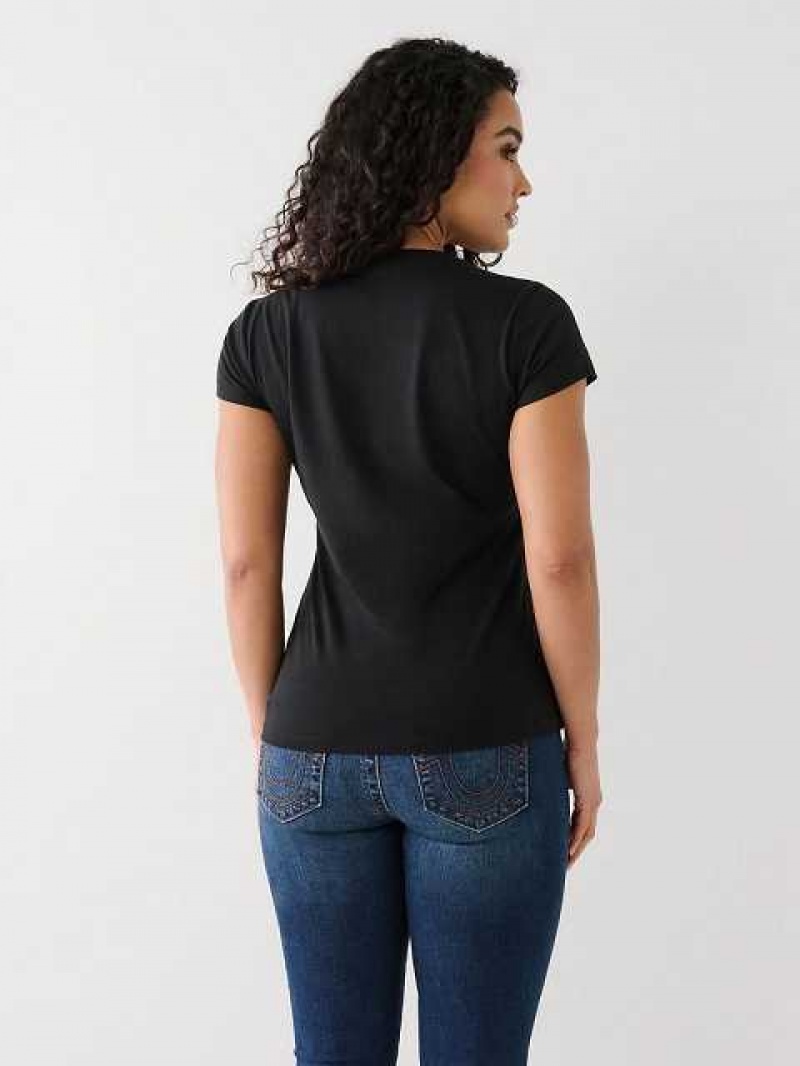 Camiseta True Religion Crystal Buddha V Mujer Negras | Colombia-OTKBVCQ74