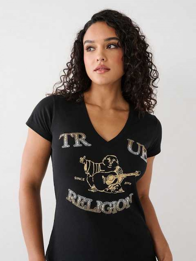 Camiseta True Religion Crystal Buddha V Mujer Negras | Colombia-OTKBVCQ74