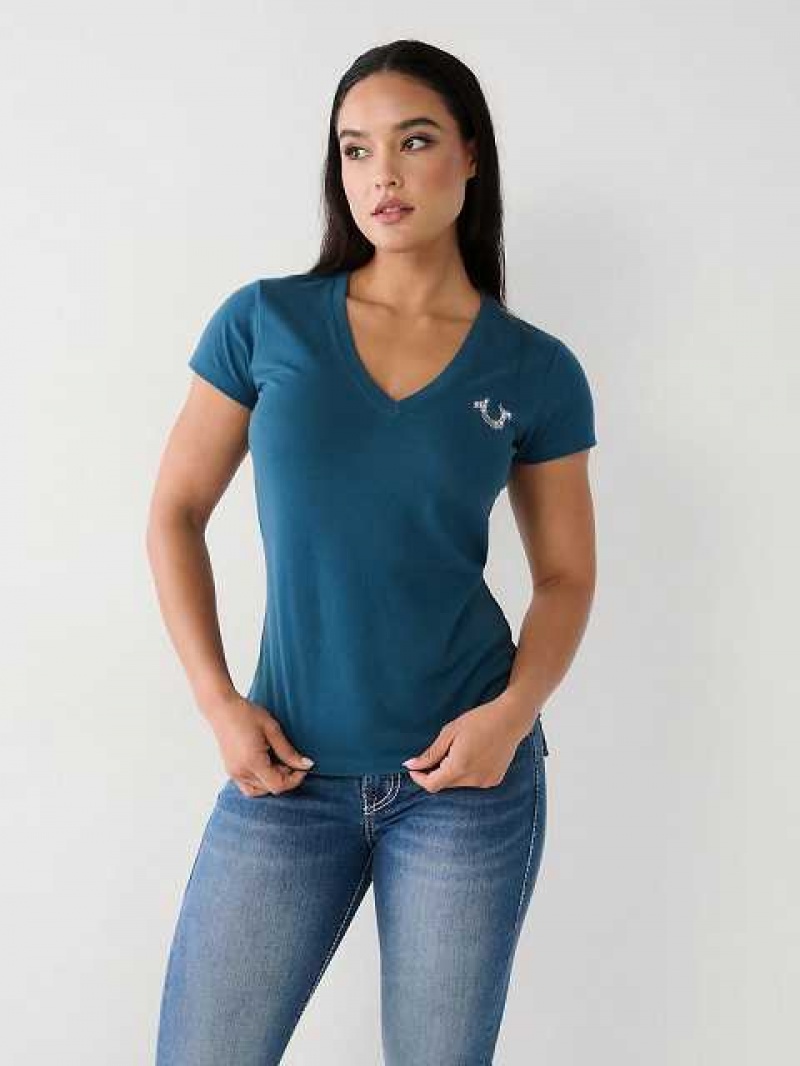 Camiseta True Religion Crystal Buddha V Mujer Azules | Colombia-IWGMSCL06