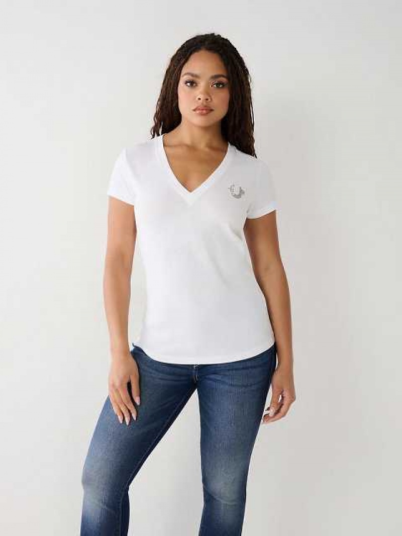 Camiseta True Religion Crystal Buddha V Mujer Blancas | Colombia-ZXMEKAV62