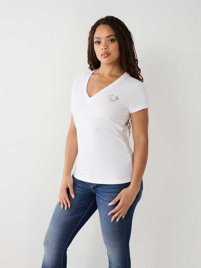 Camiseta True Religion Crystal Buddha V Mujer Blancas | Colombia-ZXMEKAV62