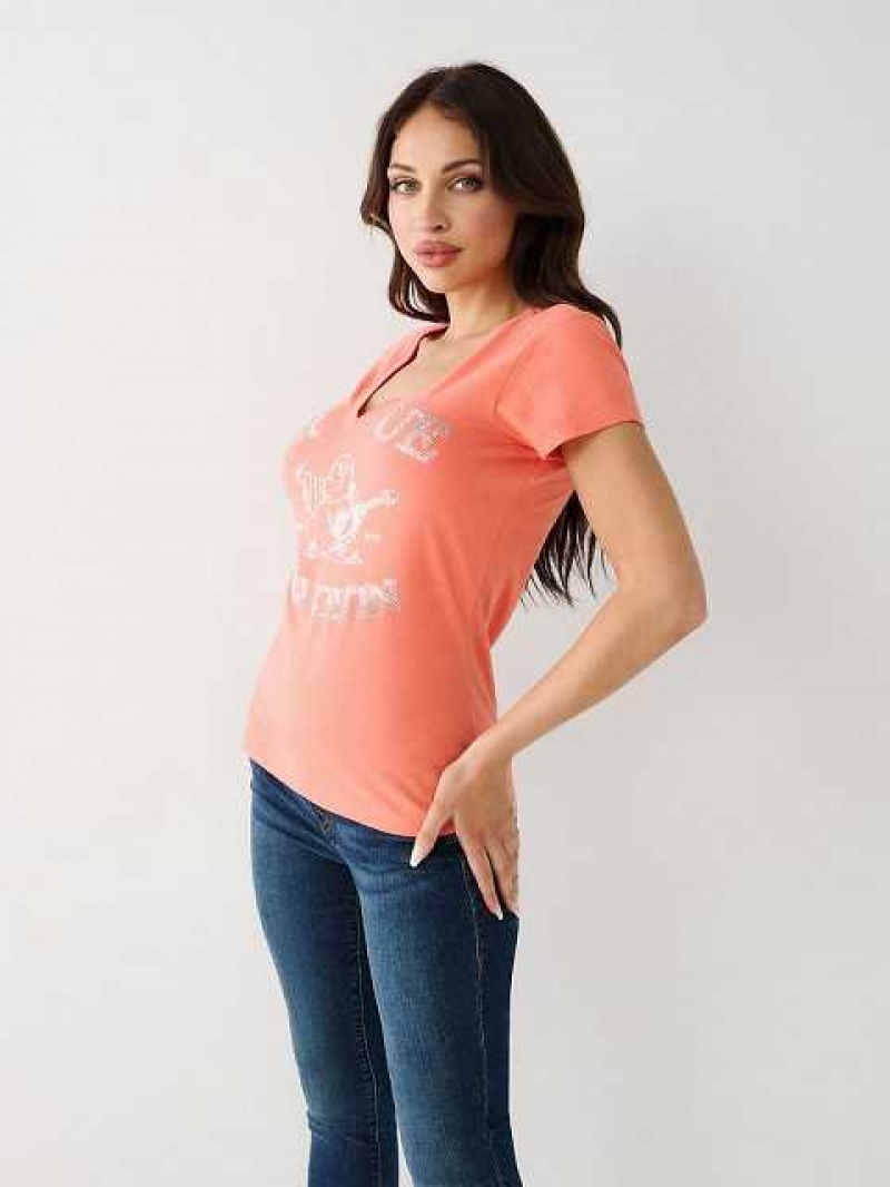 Camiseta True Religion Crystal Buddha V Mujer Naranjas Rosas | Colombia-YQKRAOS67