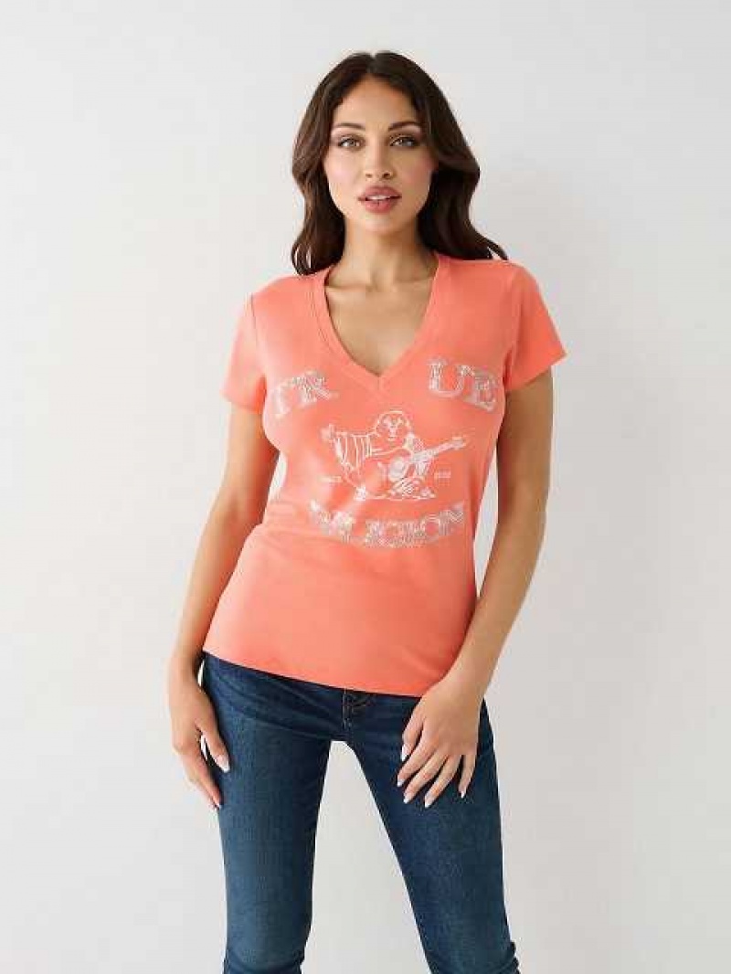 Camiseta True Religion Crystal Buddha V Mujer Naranjas Rosas | Colombia-YQKRAOS67