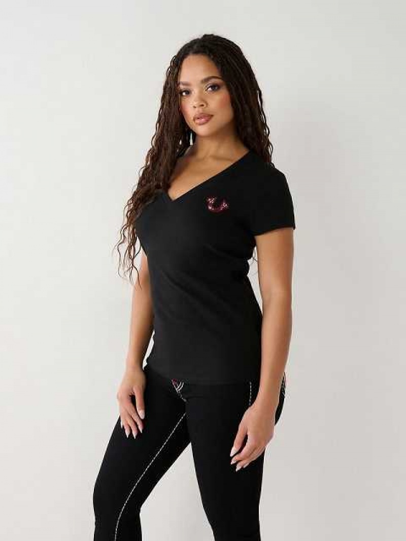 Camiseta True Religion Crystal Buddha V Mujer Negras | Colombia-XLKWIMS85