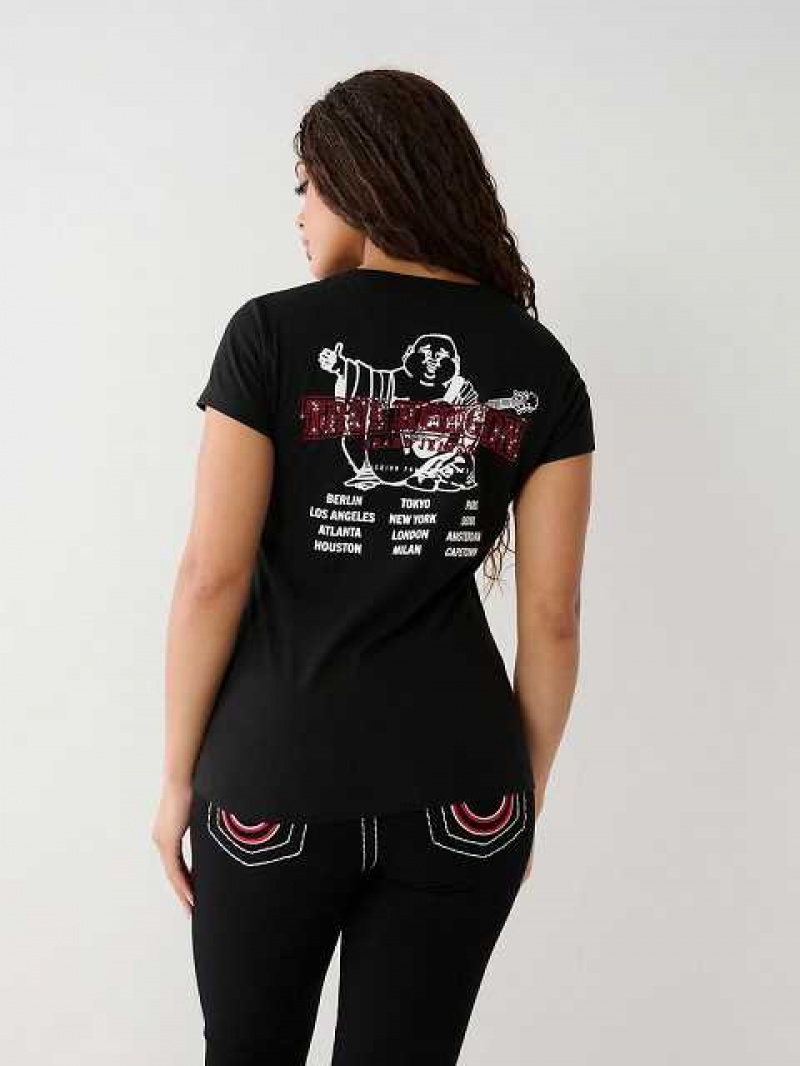 Camiseta True Religion Crystal Buddha V Mujer Negras | Colombia-XLKWIMS85