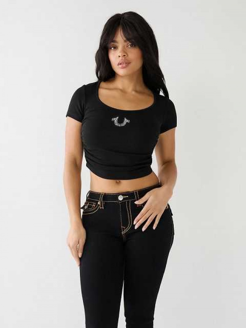 Camiseta True Religion Crystal Horseshoe Ruched Crop Mujer Negras | Colombia-GHLRIYF38