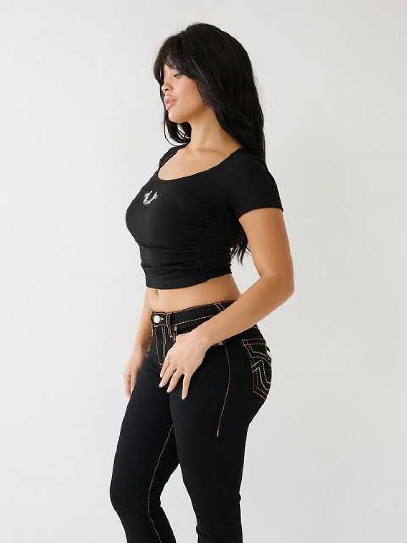 Camiseta True Religion Crystal Horseshoe Ruched Crop Mujer Negras | Colombia-GHLRIYF38