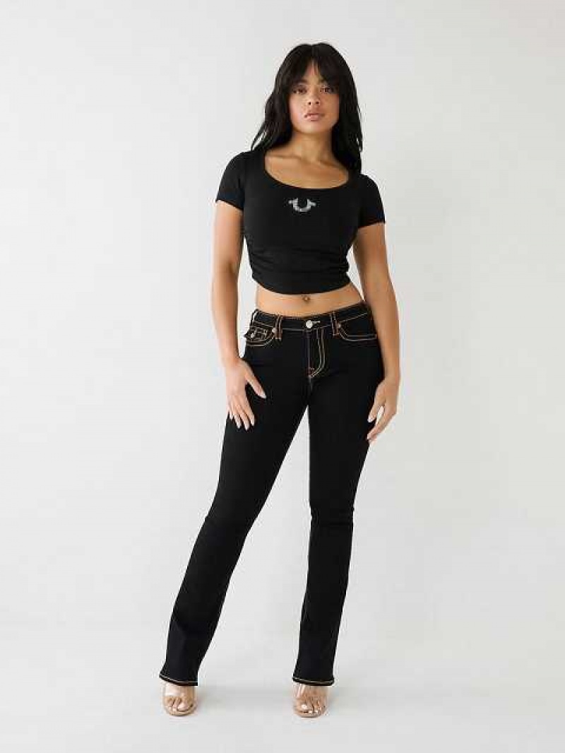 Camiseta True Religion Crystal Horseshoe Ruched Crop Mujer Negras | Colombia-GHLRIYF38