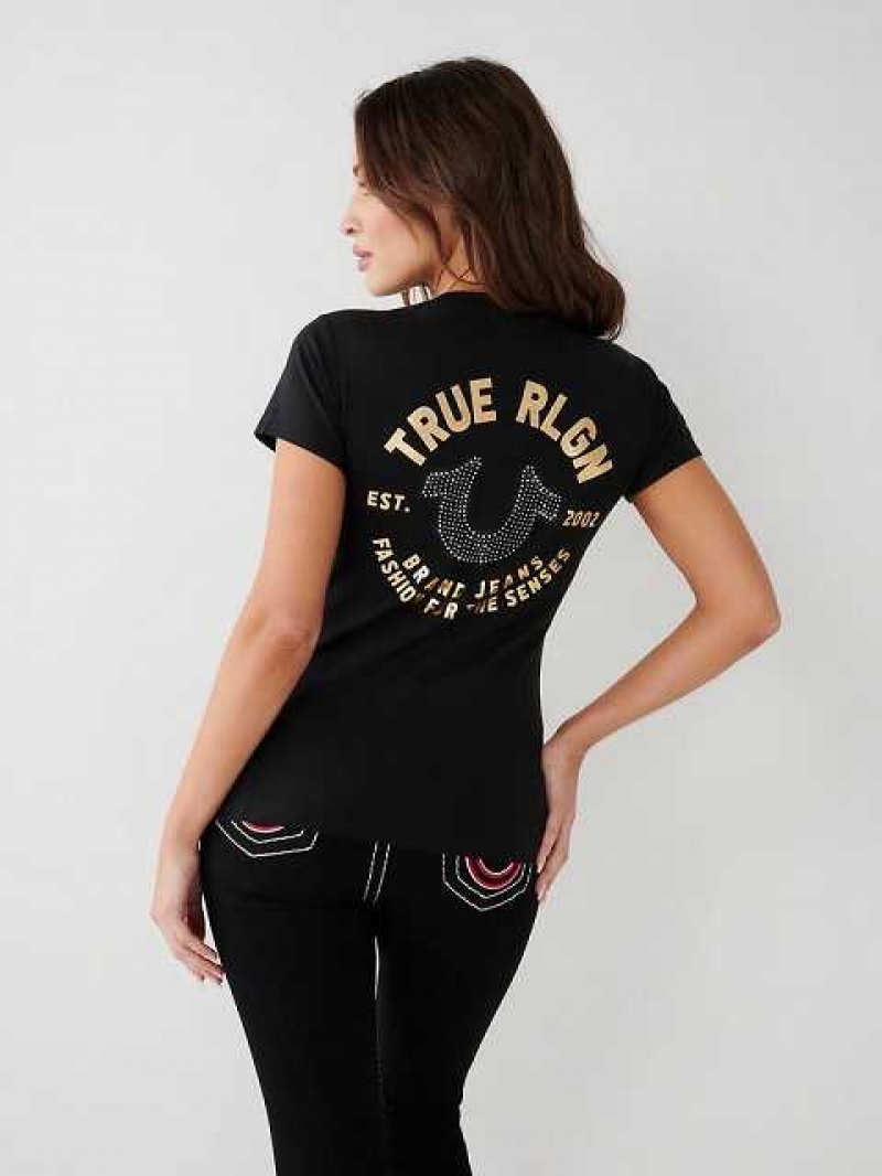 Camiseta True Religion Crystal Horseshoe V Mujer Negras | Colombia-LNOHSYJ52