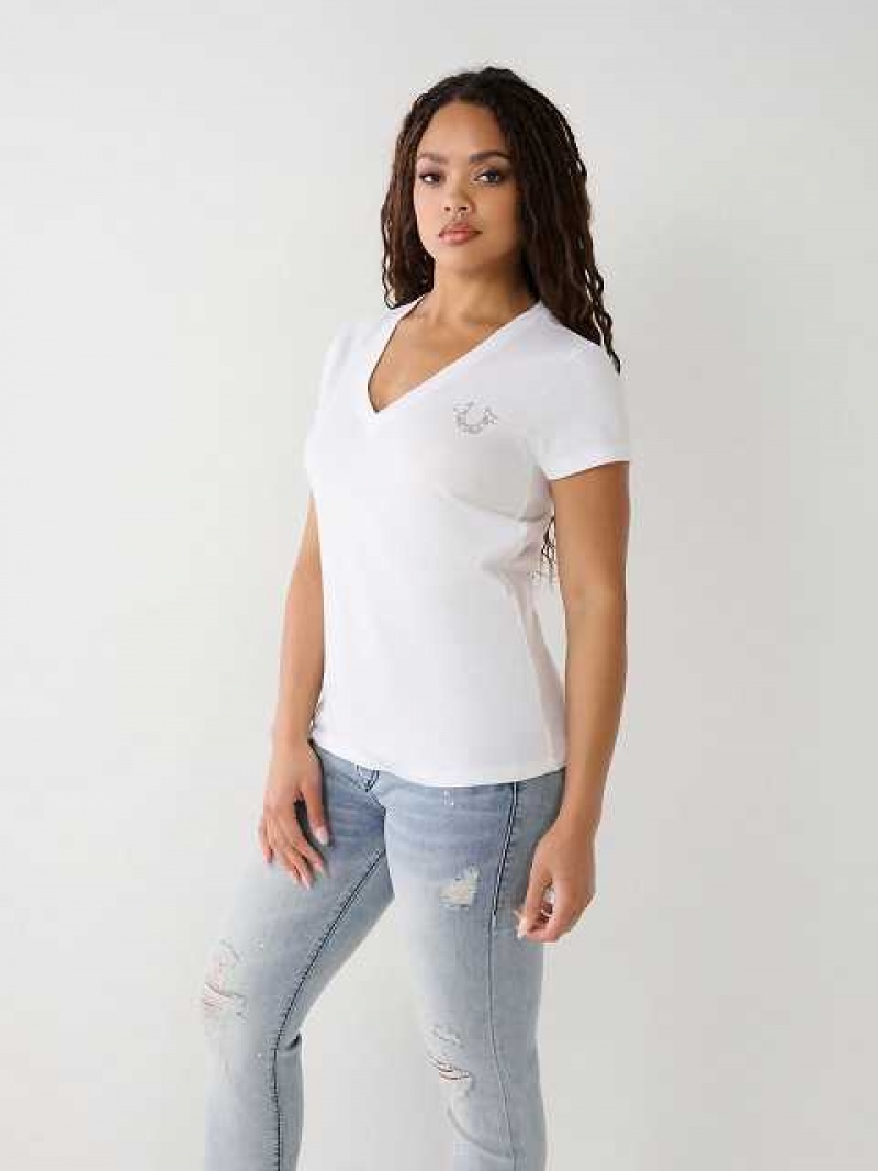 Camiseta True Religion Crystal Horseshoe V Mujer Blancas | Colombia-OTYNQFJ15