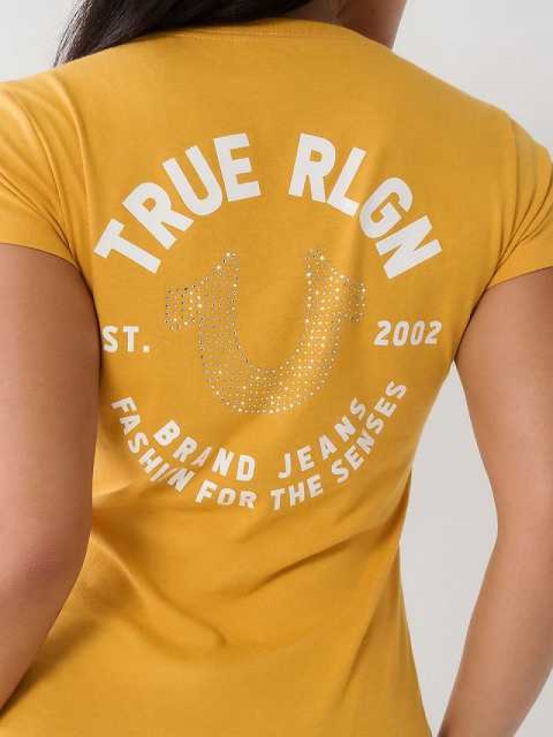 Camiseta True Religion Crystal Horseshoe V Mujer Amarillo | Colombia-MNGCURS65