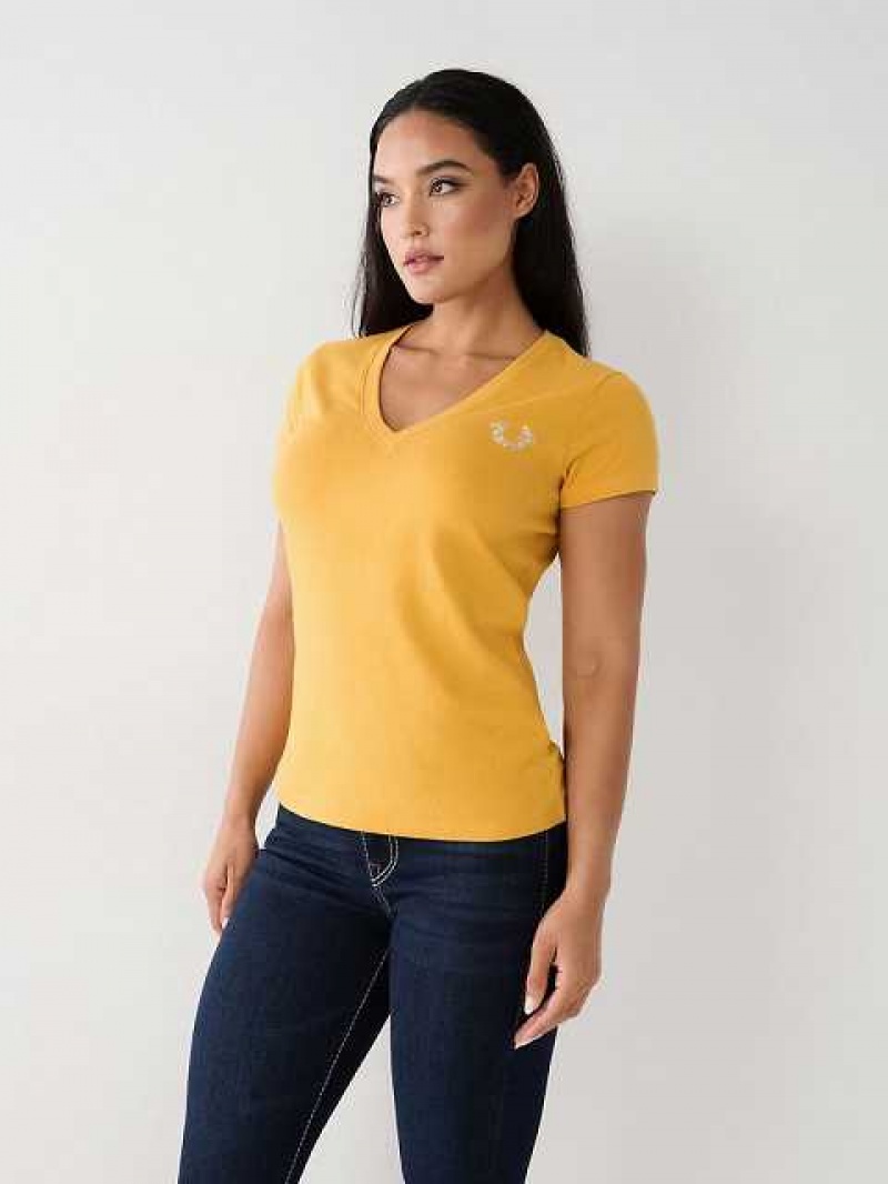 Camiseta True Religion Crystal Horseshoe V Mujer Amarillo | Colombia-MNGCURS65