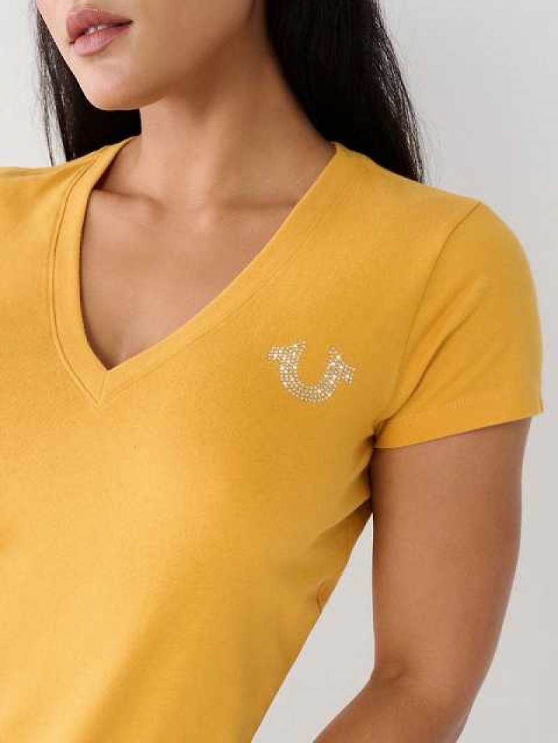 Camiseta True Religion Crystal Horseshoe V Mujer Amarillo | Colombia-MNGCURS65