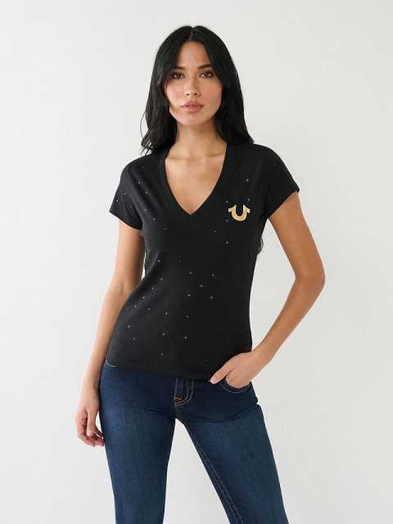 Camiseta True Religion Crystal Horseshoe Logo V Neck Mujer Negras | Colombia-EPLQZNI96