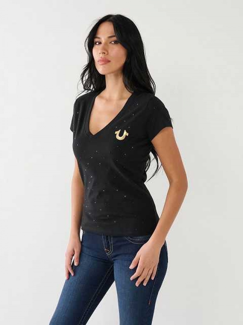 Camiseta True Religion Crystal Horseshoe Logo V Neck Mujer Negras | Colombia-EPLQZNI96