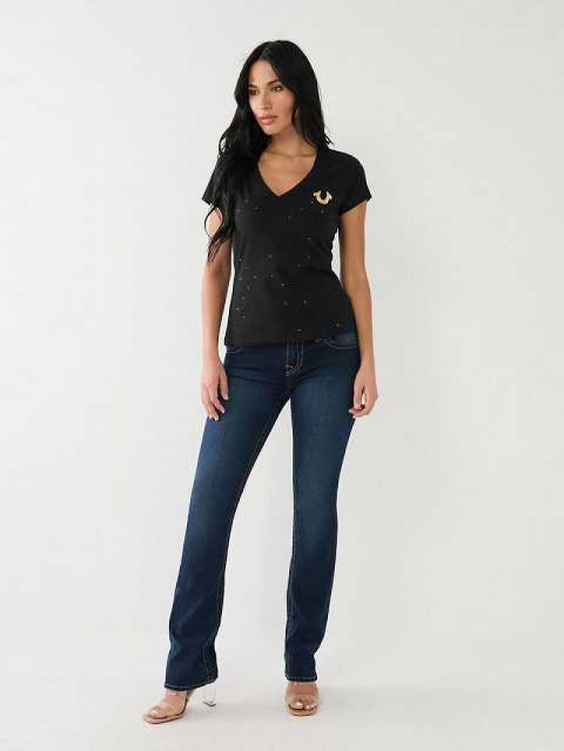 Camiseta True Religion Crystal Horseshoe Logo V Neck Mujer Negras | Colombia-EPLQZNI96