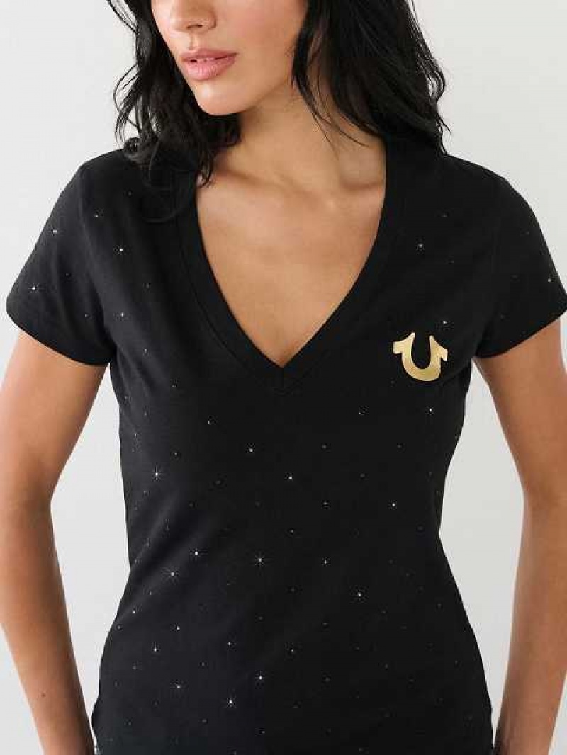 Camiseta True Religion Crystal Horseshoe Logo V Neck Mujer Negras | Colombia-EPLQZNI96