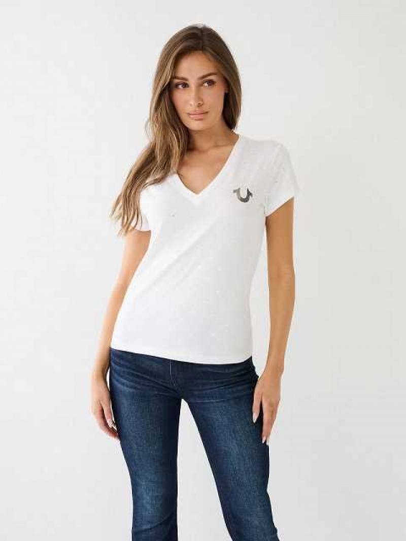 Camiseta True Religion Crystal Horseshoe Logo V Neck Mujer Blancas | Colombia-TJLDNOK76