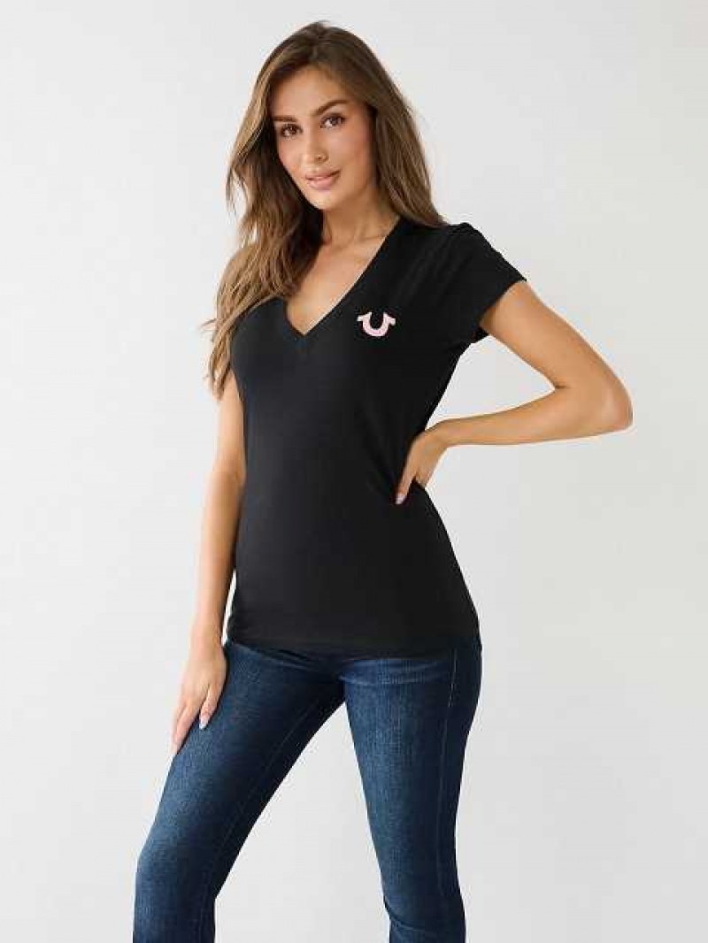 Camiseta True Religion Crystal Horseshoe Logo V Neck Mujer Negras | Colombia-ZIVOLTK83