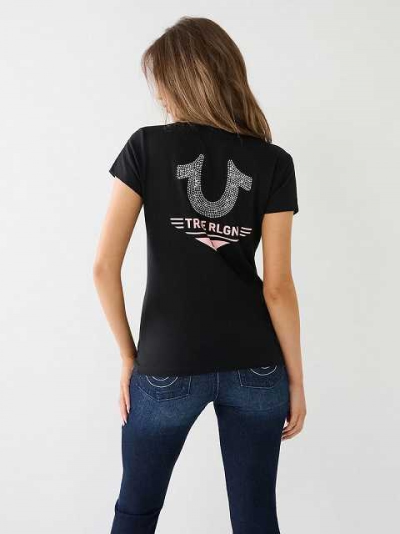 Camiseta True Religion Crystal Horseshoe Logo V Neck Mujer Negras | Colombia-ZIVOLTK83