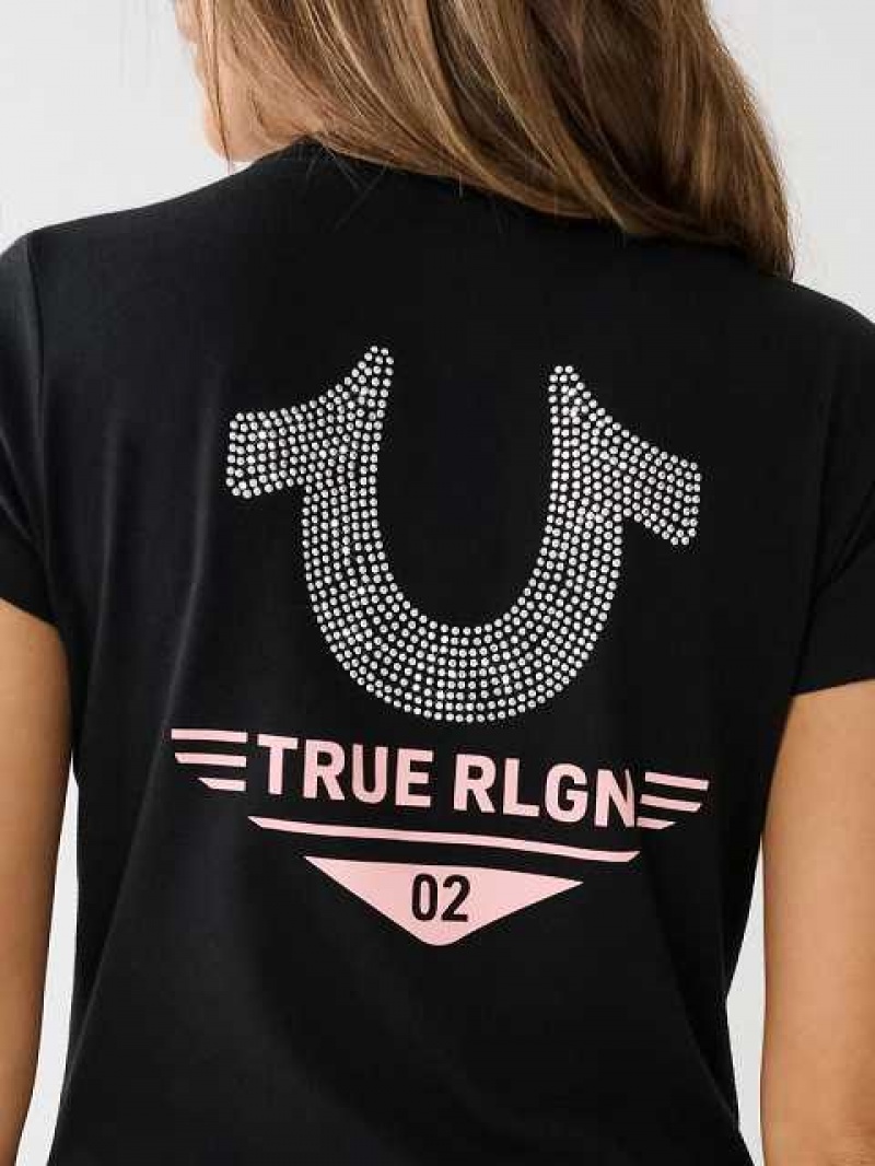 Camiseta True Religion Crystal Horseshoe Logo V Neck Mujer Negras | Colombia-ZIVOLTK83