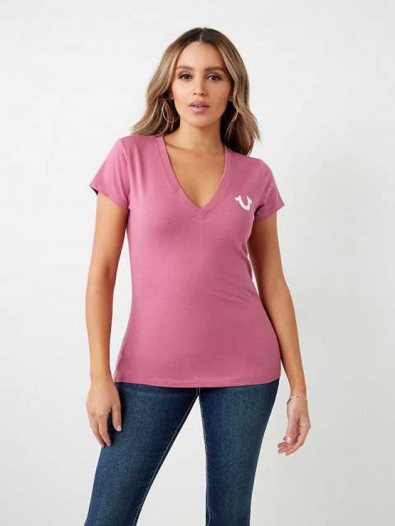 Camiseta True Religion Crystal Horseshoe Logo V Neck Mujer Moradas | Colombia-HNSFTOX35