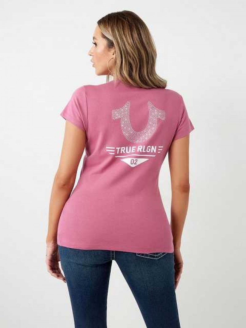 Camiseta True Religion Crystal Horseshoe Logo V Neck Mujer Moradas | Colombia-HNSFTOX35