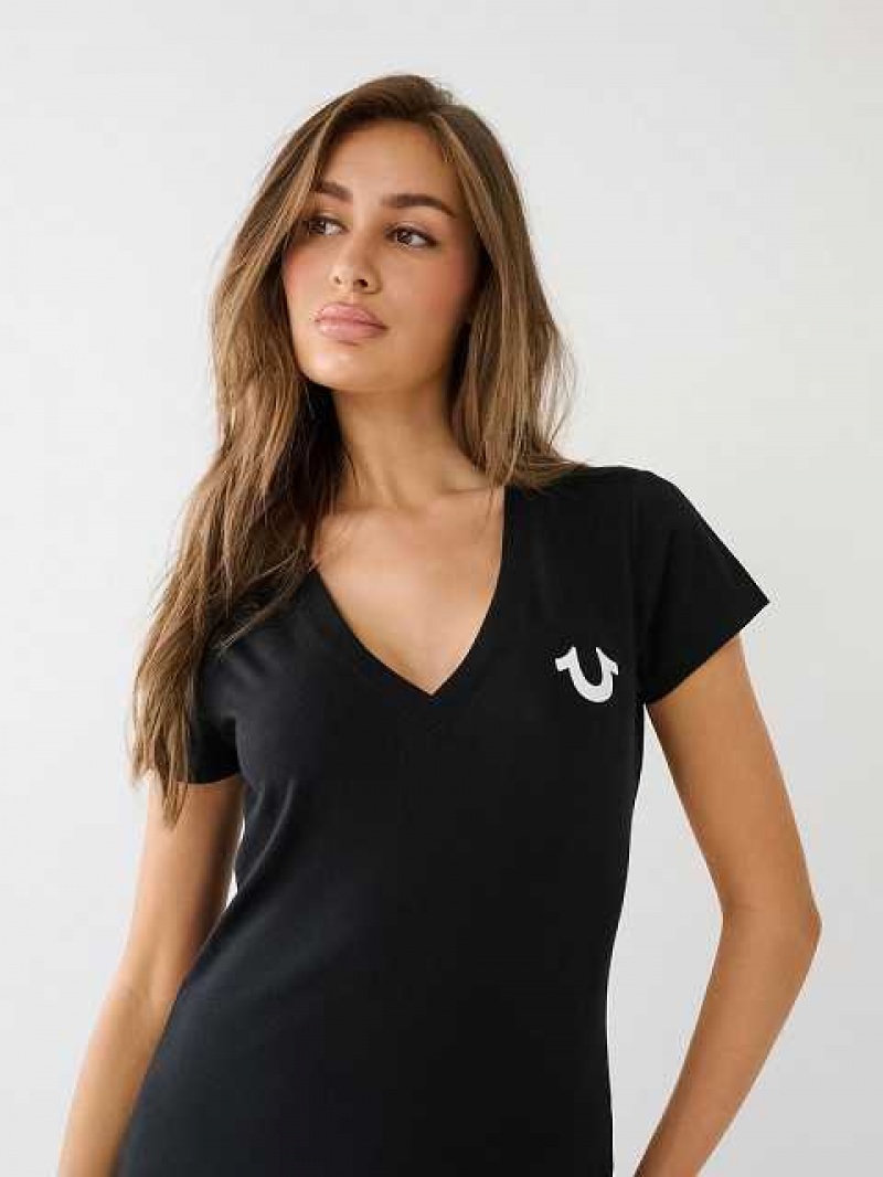 Camiseta True Religion Crystal Horseshoe Logo V Neck Mujer Negras | Colombia-VHMGCSF61