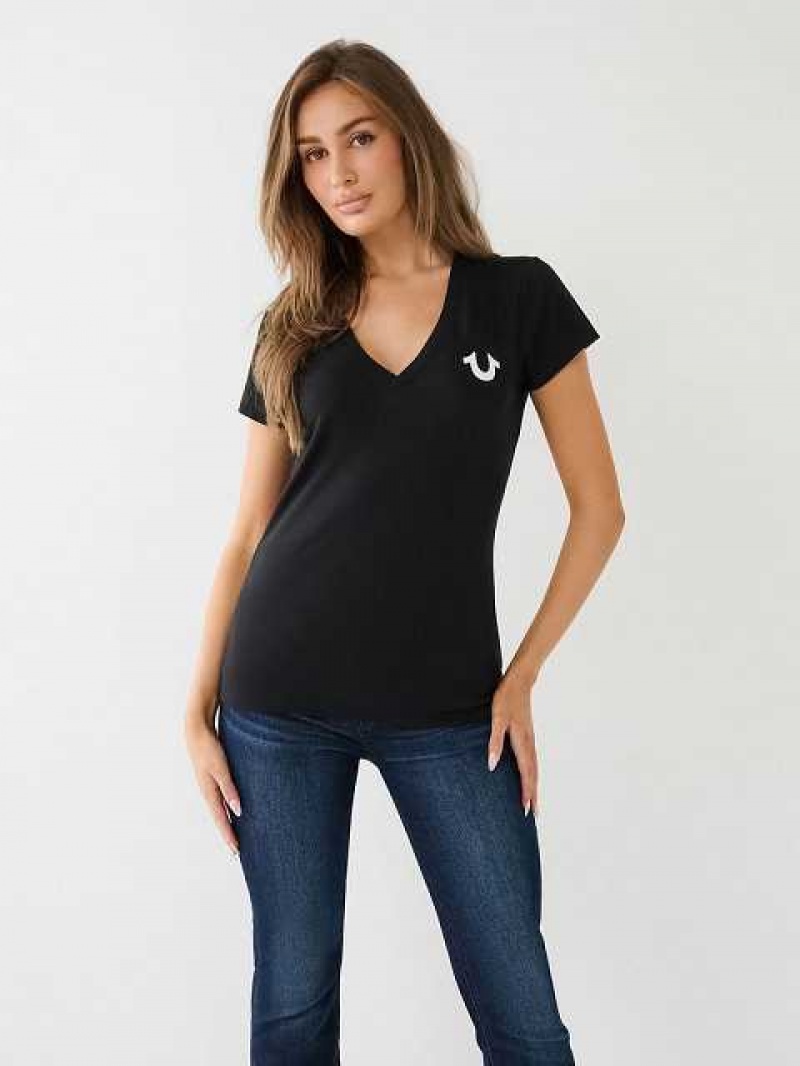 Camiseta True Religion Crystal Horseshoe Logo V Neck Mujer Negras | Colombia-VHMGCSF61