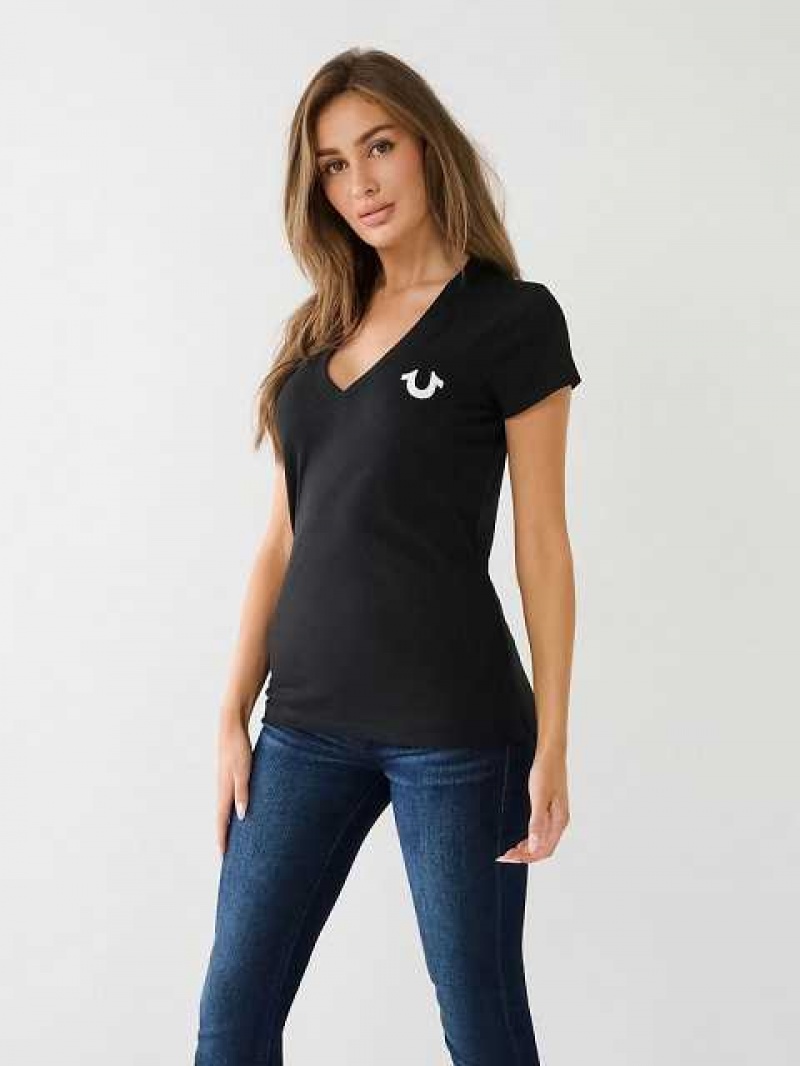 Camiseta True Religion Crystal Horseshoe Logo V Neck Mujer Negras | Colombia-VHMGCSF61