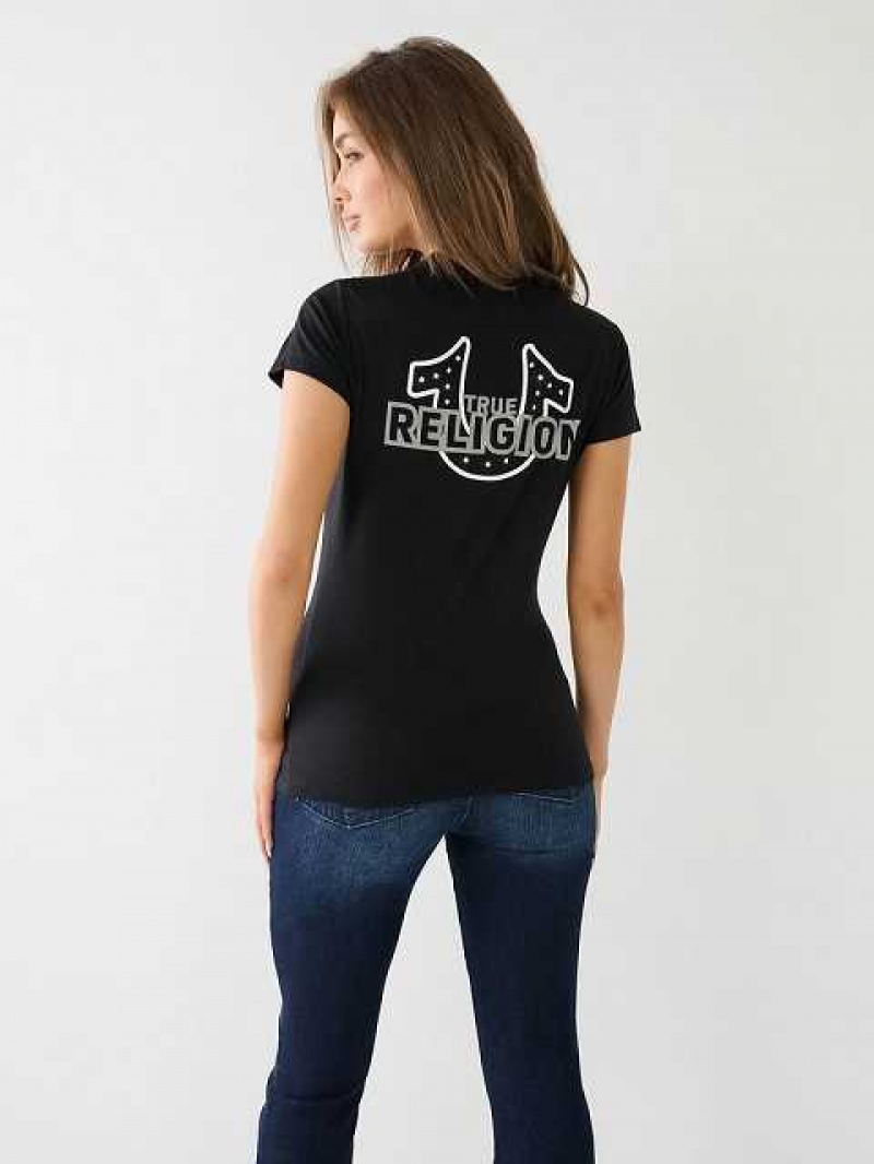 Camiseta True Religion Crystal Horseshoe Logo V Neck Mujer Negras | Colombia-VHMGCSF61