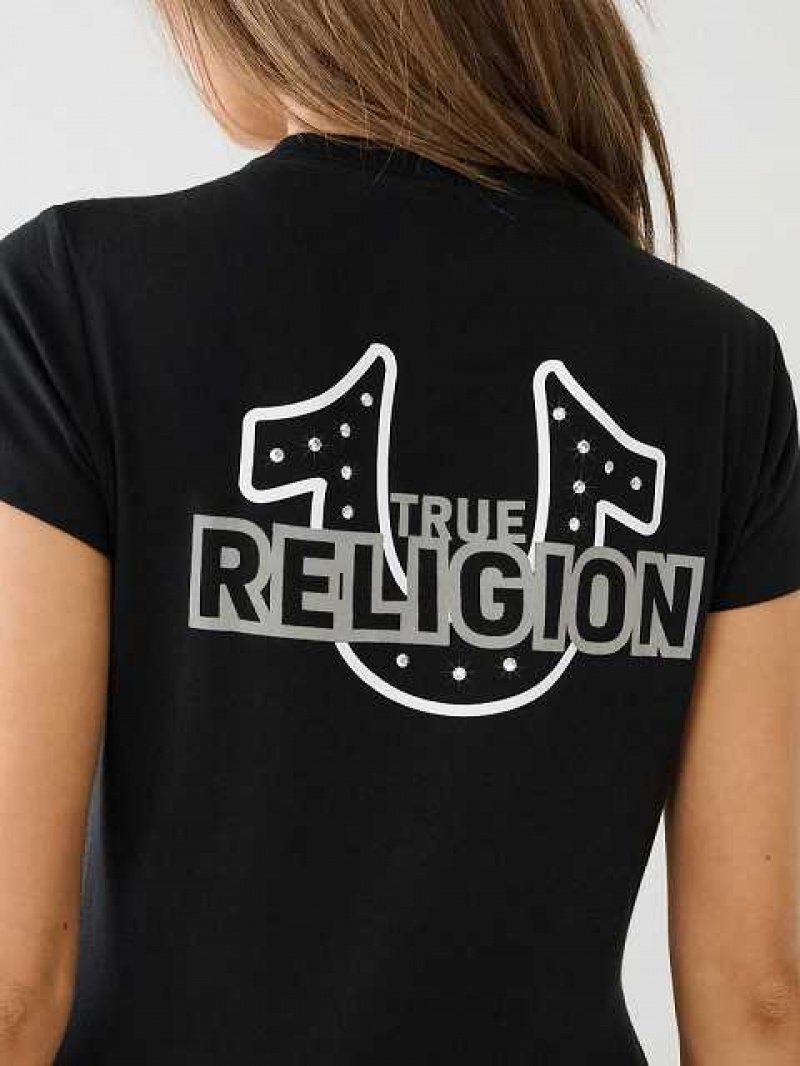 Camiseta True Religion Crystal Horseshoe Logo V Neck Mujer Negras | Colombia-VHMGCSF61