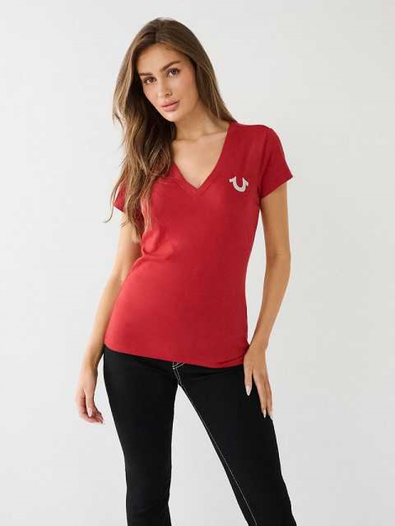 Camiseta True Religion Crystal Horseshoe Logo V Neck Mujer Rojas | Colombia-ZMAOLEC17