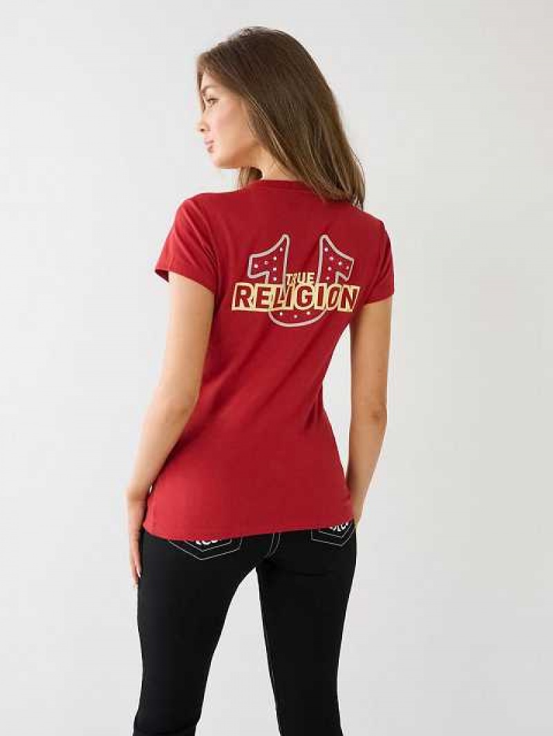 Camiseta True Religion Crystal Horseshoe Logo V Neck Mujer Rojas | Colombia-ZMAOLEC17