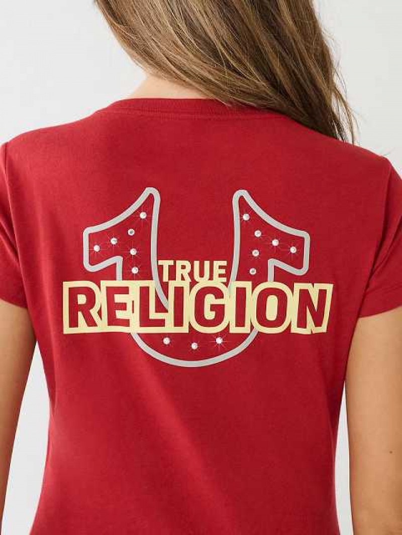 Camiseta True Religion Crystal Horseshoe Logo V Neck Mujer Rojas | Colombia-ZMAOLEC17