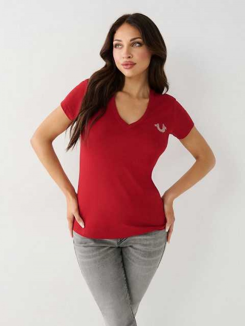 Camiseta True Religion Crystal Horseshoe V Mujer Rojas | Colombia-CXYWHKO17