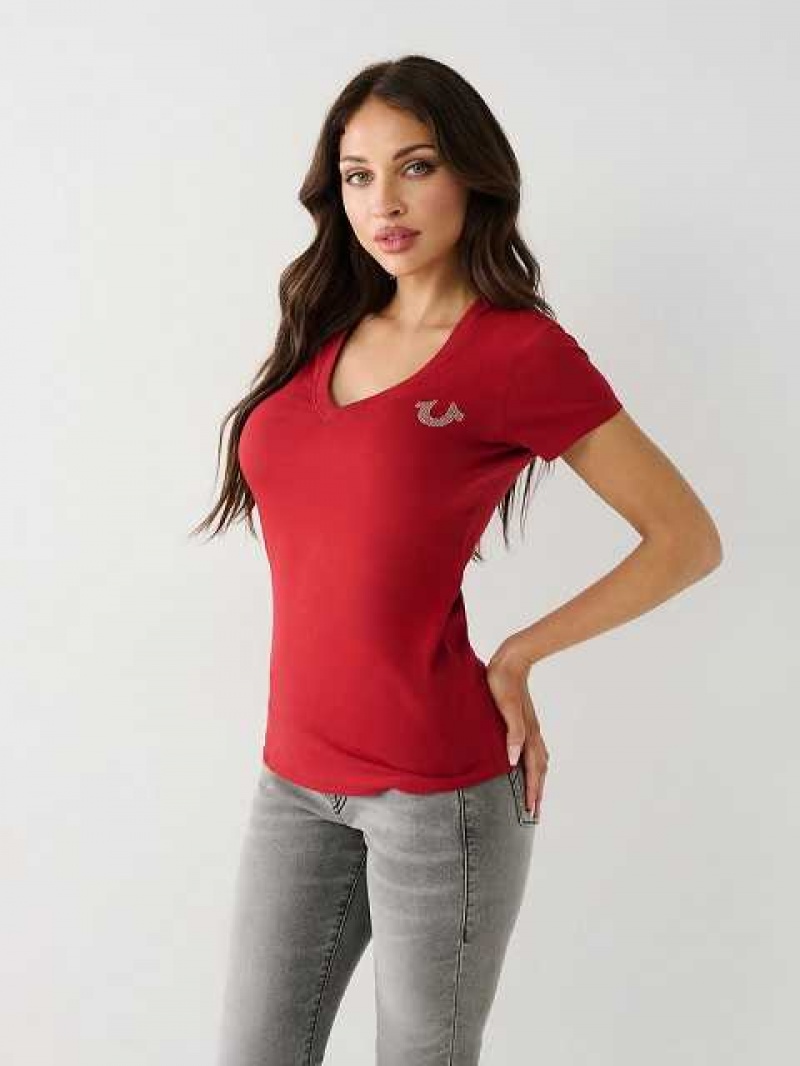 Camiseta True Religion Crystal Horseshoe V Mujer Rojas | Colombia-CXYWHKO17