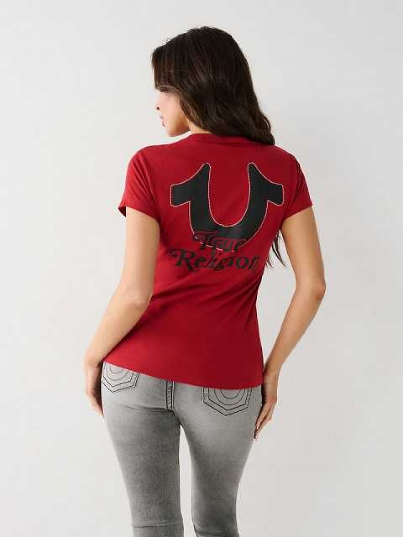 Camiseta True Religion Crystal Horseshoe V Mujer Rojas | Colombia-CXYWHKO17