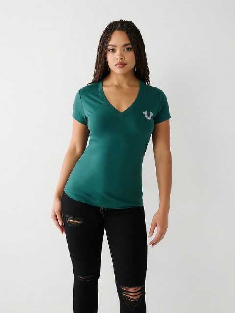 Camiseta True Religion Crystal Horseshoe V Mujer Turquesa Verde | Colombia-RJAMNTB10