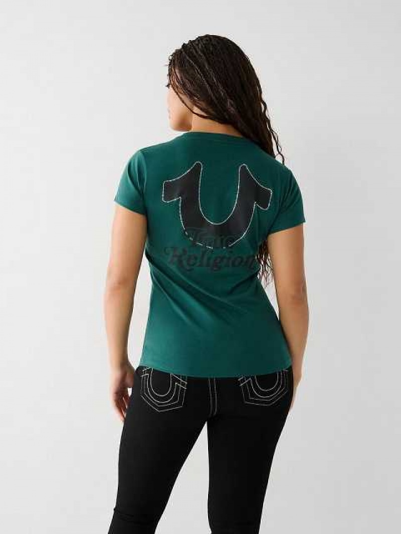 Camiseta True Religion Crystal Horseshoe V Mujer Turquesa Verde | Colombia-RJAMNTB10