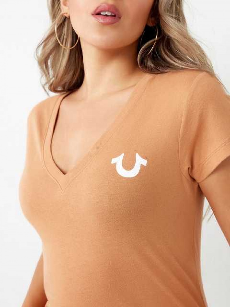 Camiseta True Religion Crystal Horseshoe Logo V Neck Mujer Naranjas | Colombia-NMZYABI42