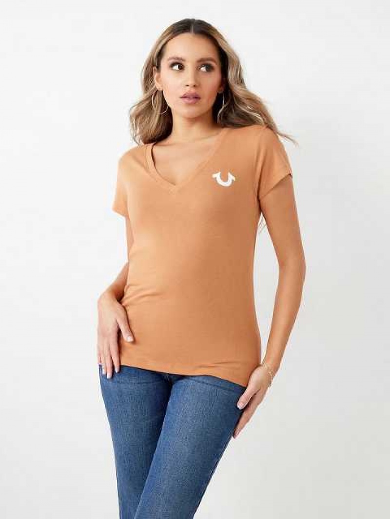 Camiseta True Religion Crystal Horseshoe Logo V Neck Mujer Naranjas | Colombia-NMZYABI42