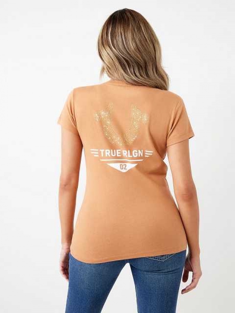 Camiseta True Religion Crystal Horseshoe Logo V Neck Mujer Naranjas | Colombia-NMZYABI42