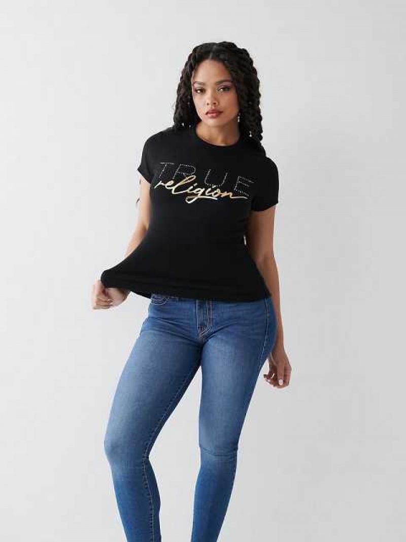 Camiseta True Religion Crystal Logo Mujer Negras | Colombia-WSFHTJR69