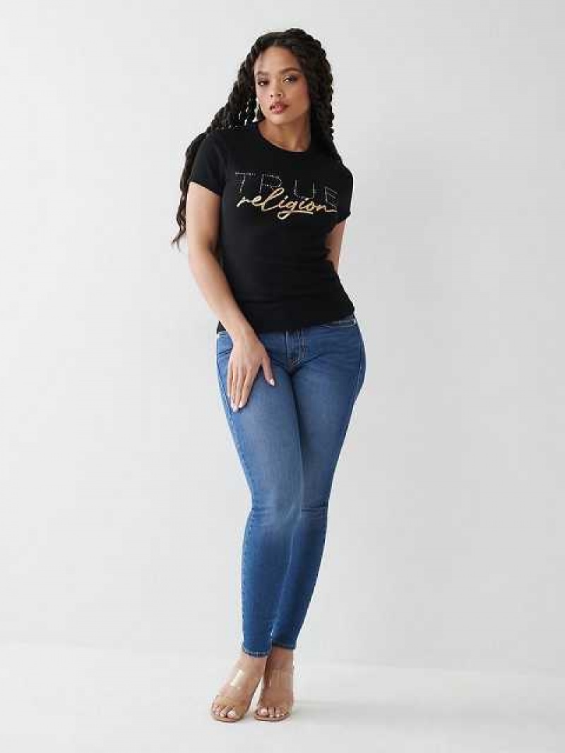 Camiseta True Religion Crystal Logo Mujer Negras | Colombia-WSFHTJR69