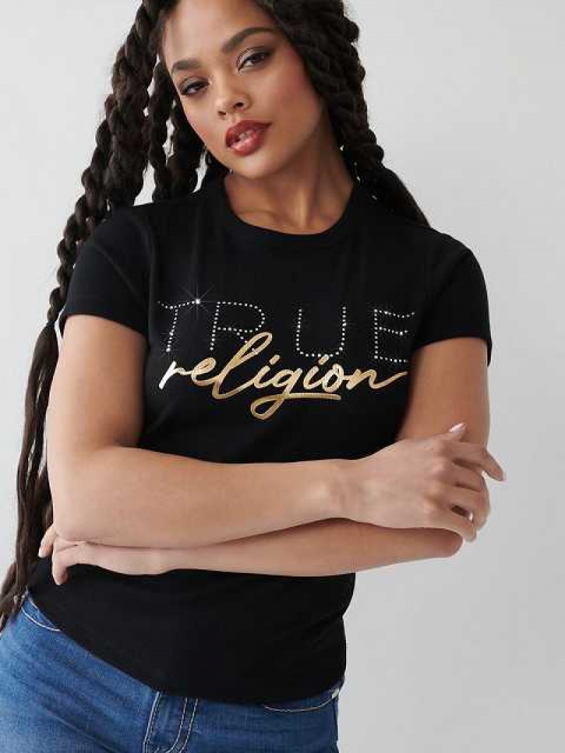 Camiseta True Religion Crystal Logo Mujer Negras | Colombia-WSFHTJR69